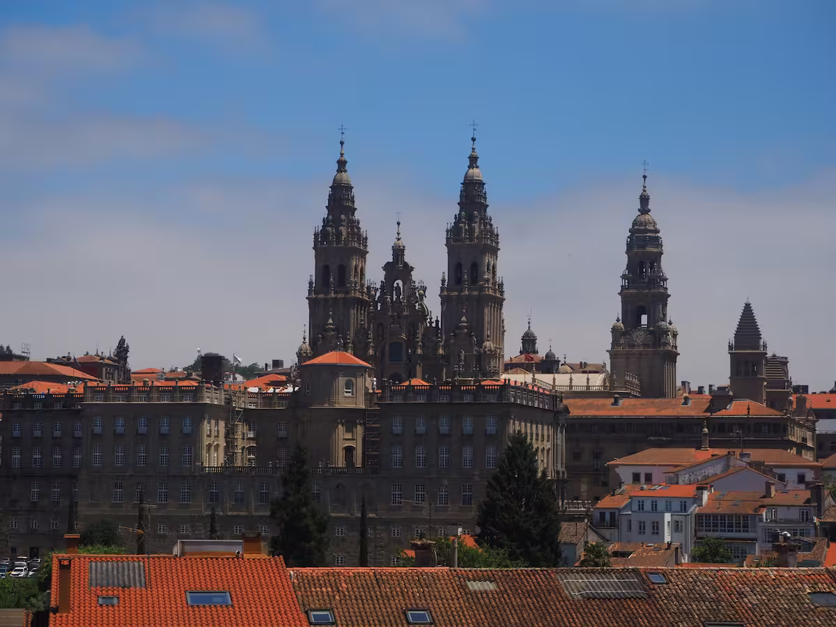 General view of the city of Santiago de Compostela - Aerial view of the Cathedral and historic centre of the Galician capital